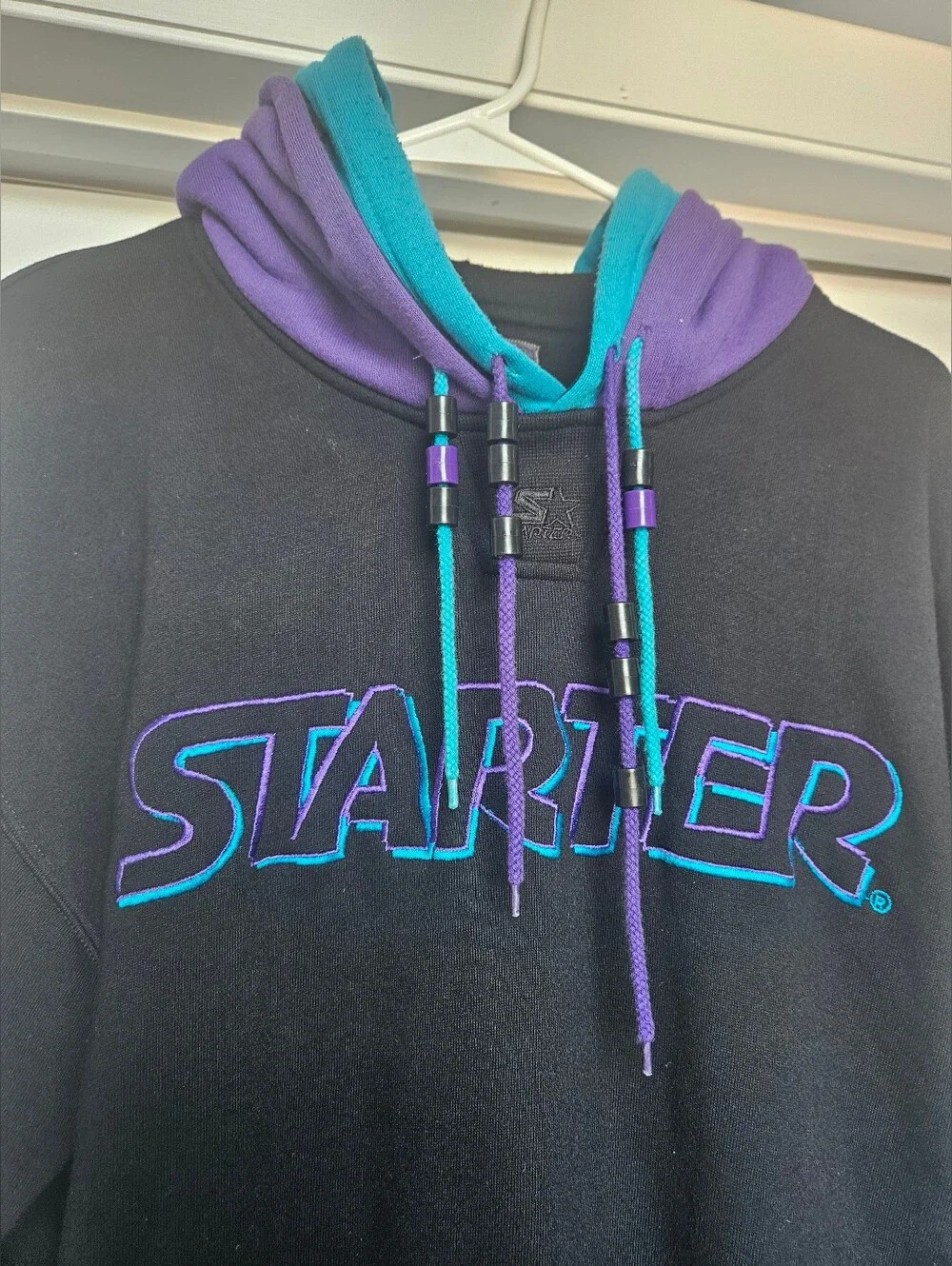 Rare Vintage 80s 90s Starter Color Block Hoodie Black Teal & Purple Size Medium